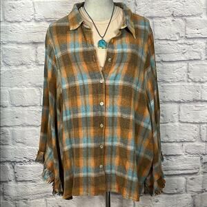 NWT Comfy BohoFlannel Plaid Button-Up Top with bell sleeves